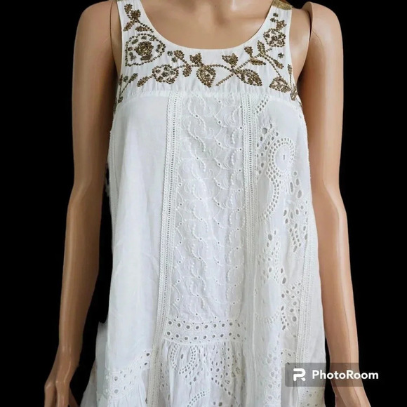 Anthropologie Leifnotes White Eyelet Gold Trim Beaded Sleeveless Dress Size 4 - Picture 8 of 16